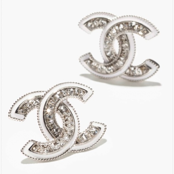 ❌SOLD❌ CHANEL 25C White Silver & Crystal CC Logo Stud Earrings NEW with/Receipt - Picture 8 of 14